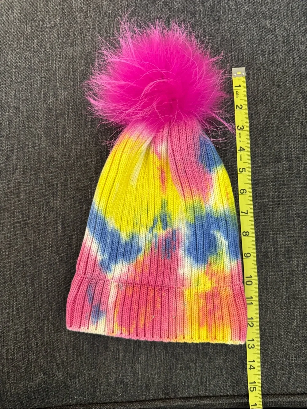 BARI LYNN  Girl's Rib Knit Tie-Dye Beanie with Faux  Fur Pompom